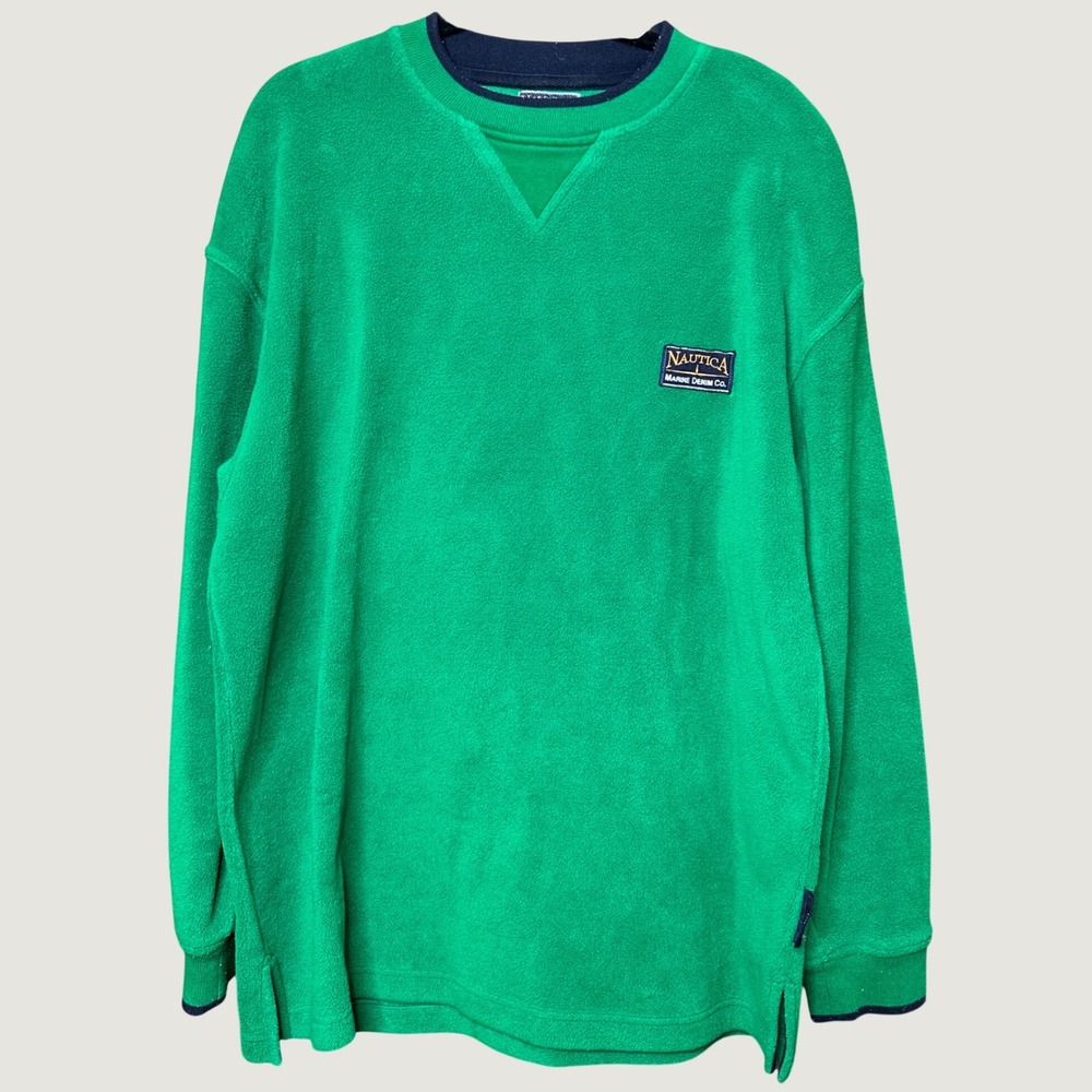 Nautica Tech Vintage Cozy Green Fleece Pullover Mens Medium Nautica Marine Denim